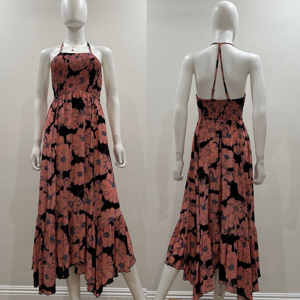 Free People Heatwave Floral Printed - Maxi Dress - Large - Black Orange